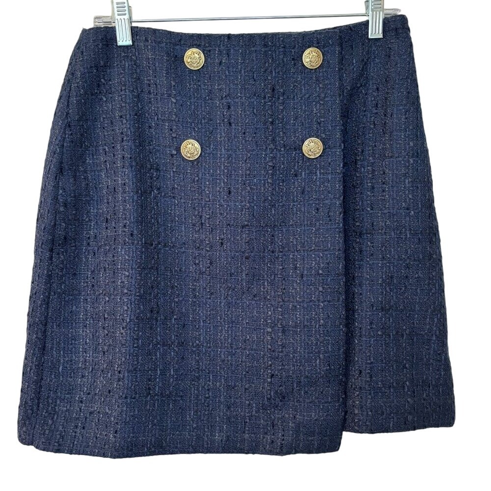 Loft Navy Blue Size 4 Tweed Mini Skirt Gold Button A-Line‎ Clueless Preppy